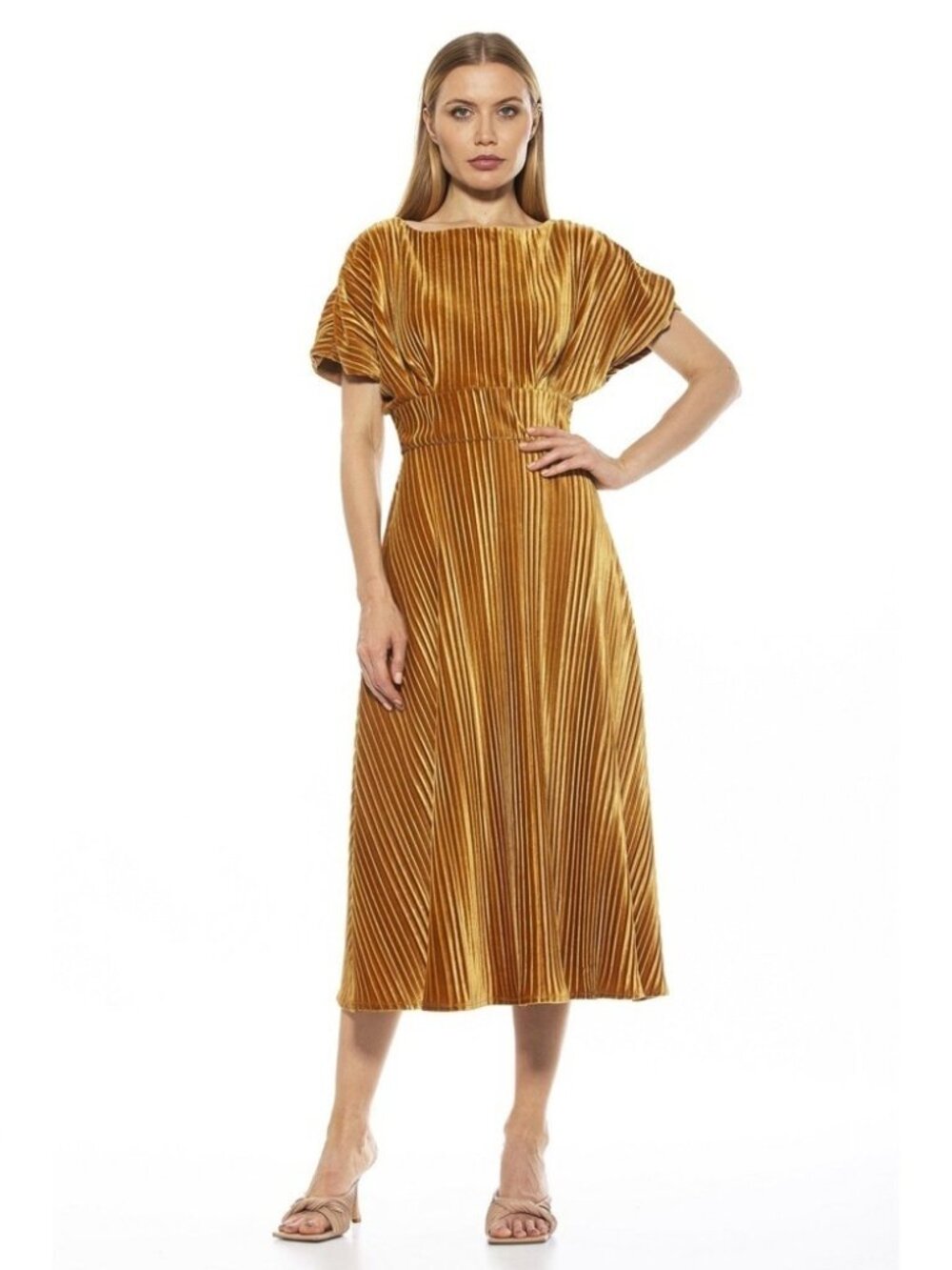 NWOT Alexia Admor Women's Pleated Boatneck Velvet Midi Dress Old Gold L Large